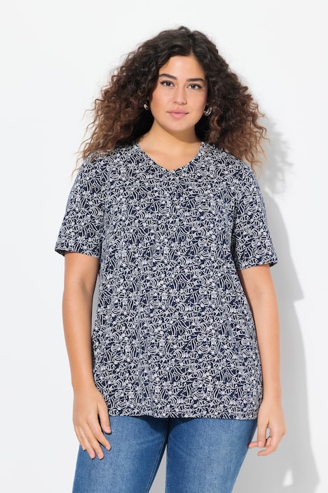 Blouse motif poissons, plis fantaisie, décolleté en V et manches courtes