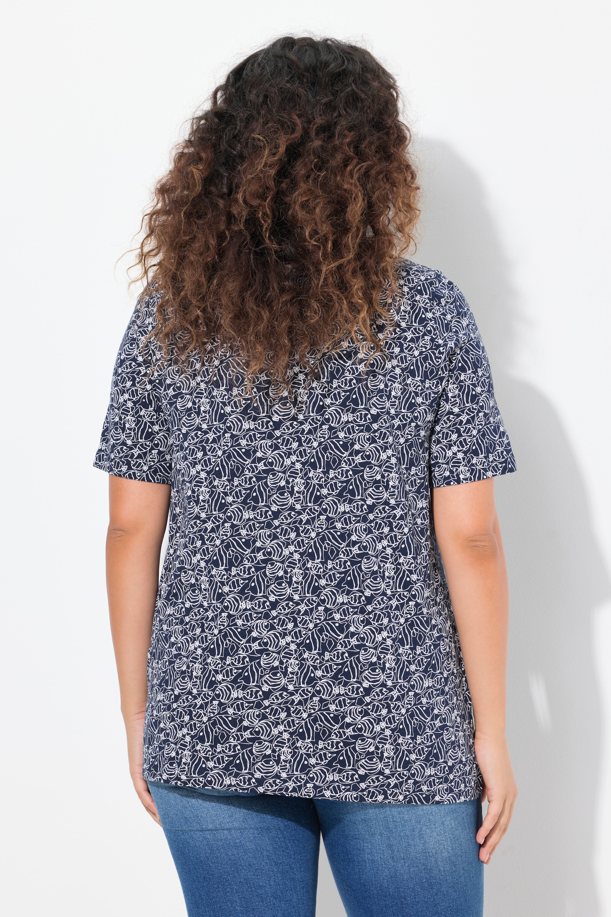 Ulla Popken Damen große Größen T Shirt Fische Zierfalten V Ausschnitt