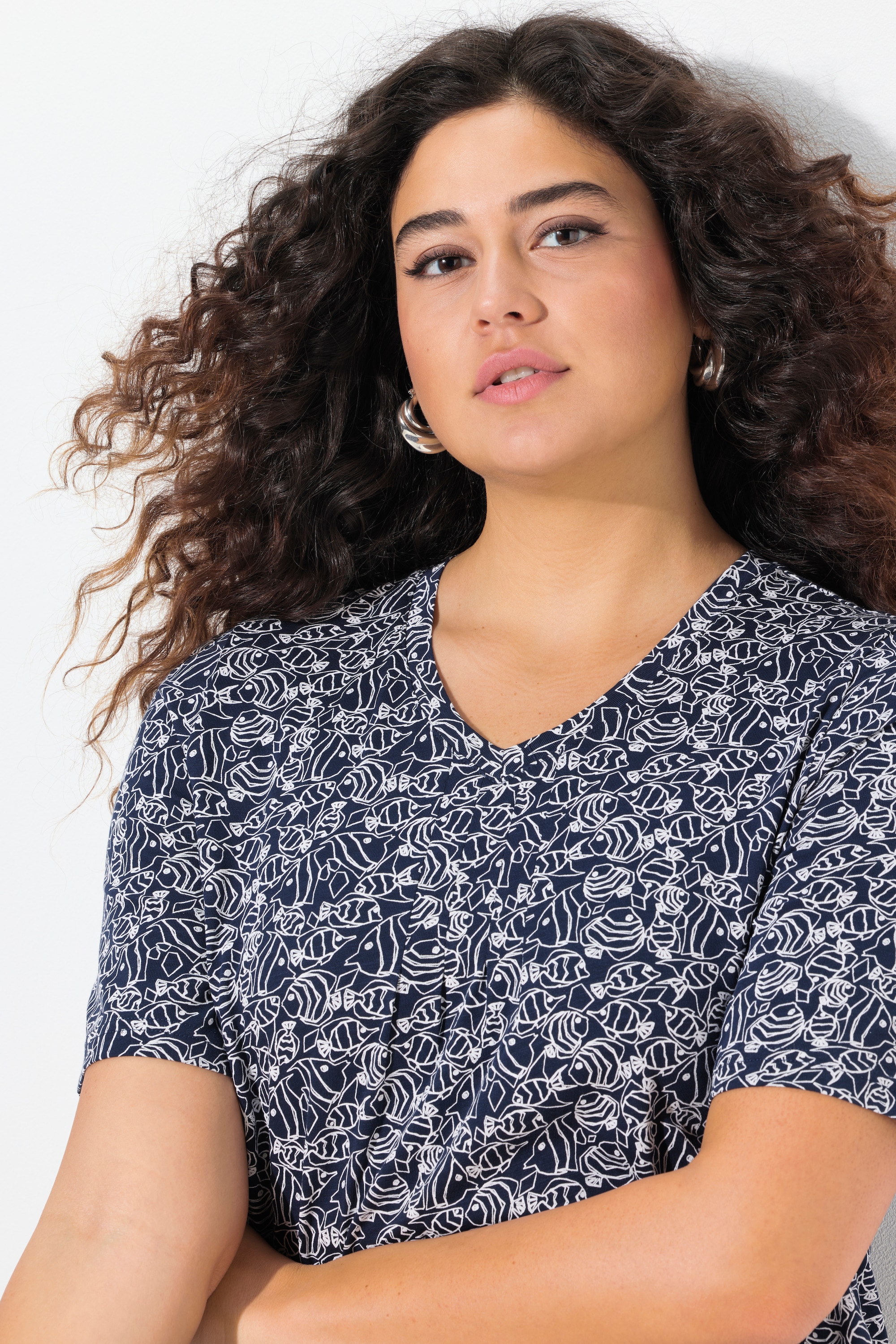 Ulla Popken Damen große Größen T Shirt Fische Zierfalten V Ausschnitt