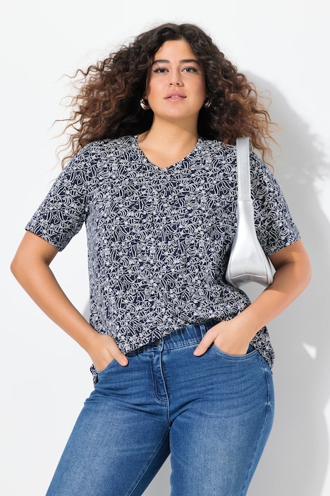 Blouse motif poissons, plis fantaisie, décolleté en V et manches courtes