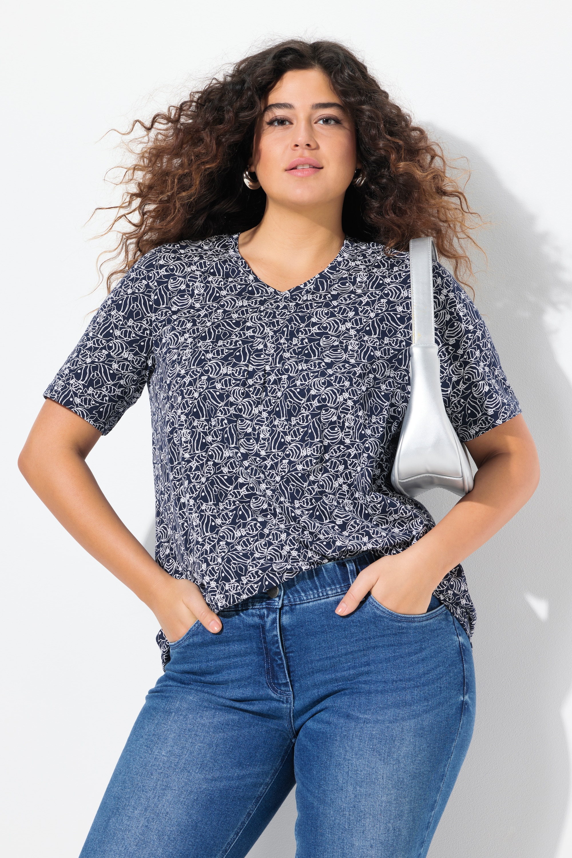 Ulla Popken Damen große Größen T Shirt Fische Zierfalten V Ausschnitt