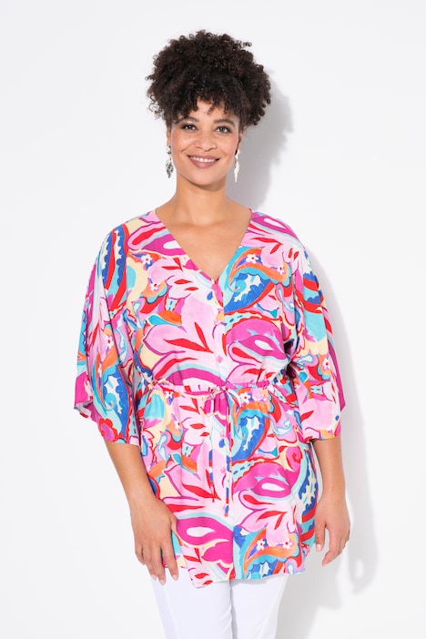 Kimono-blouse, A-lijn, all-over print, taillekoord