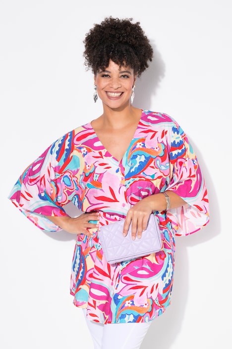 Kimono-blouse, A-lijn, all-over print, taillekoord