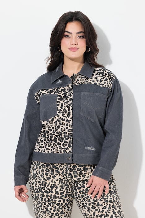 Jeansjacke, oversized, Leo-Einsätze, Destroys