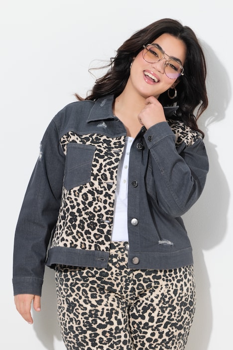 Jeansjacke, oversized, Leo-Einsätze, Destroys