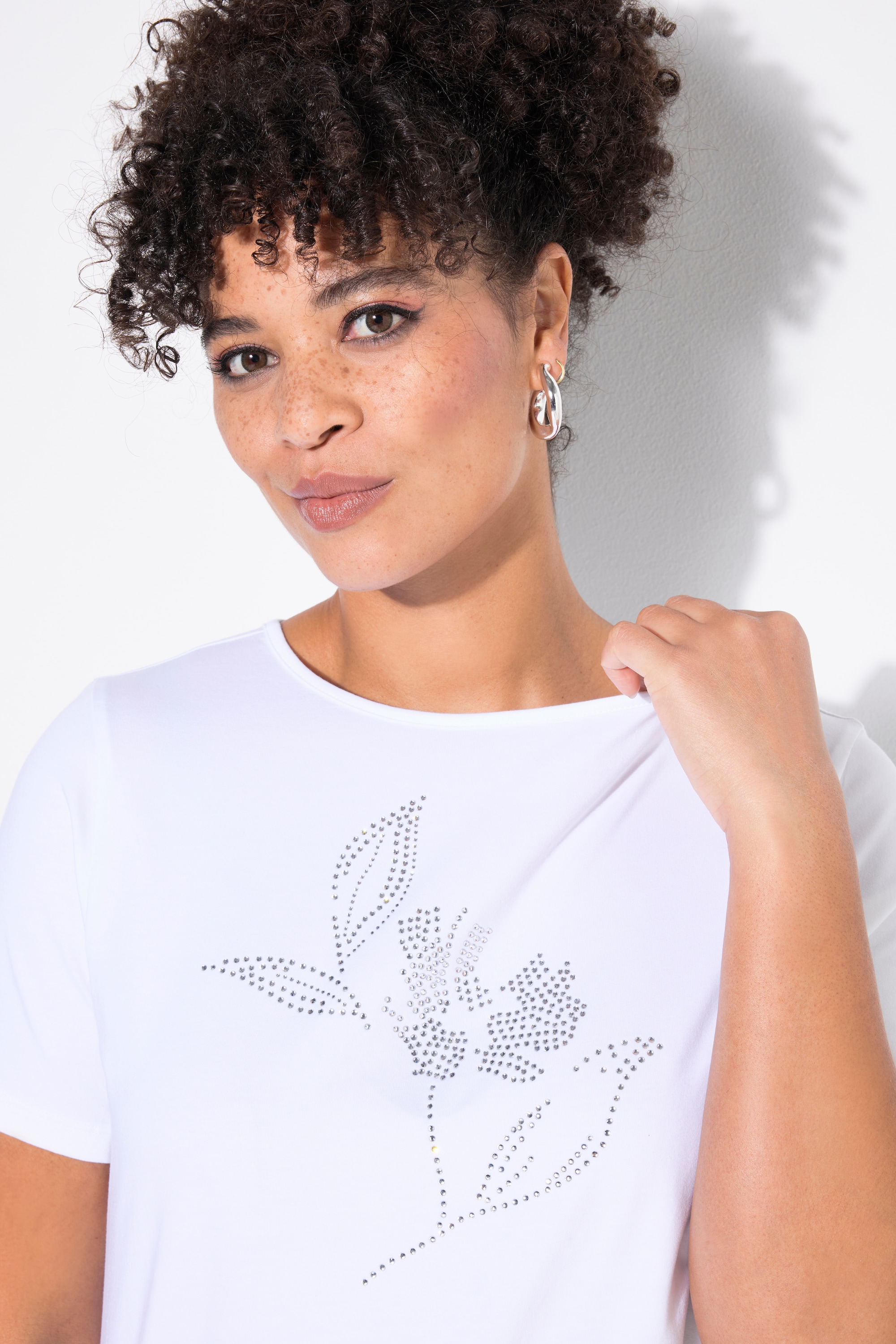 MIAMODA Damen große Größen T Shirt Ziersteinchen Blume Halbarm 839593