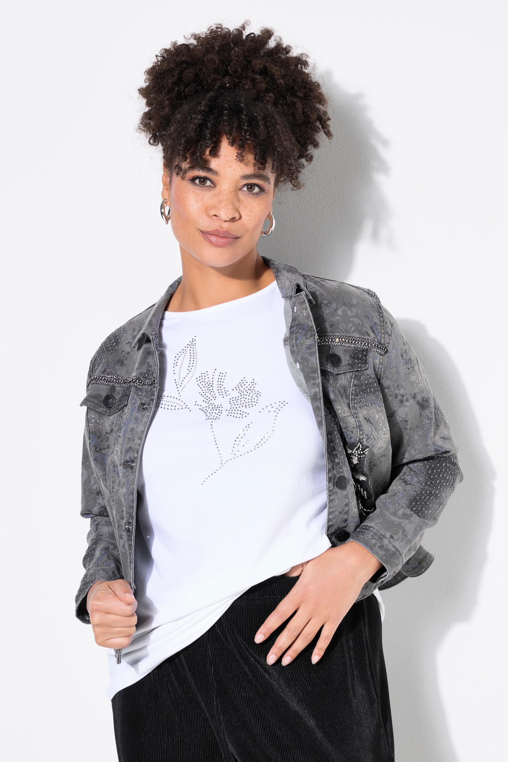 MIAMODA Damen große Größen T Shirt Ziersteinchen Blume Halbarm 839593