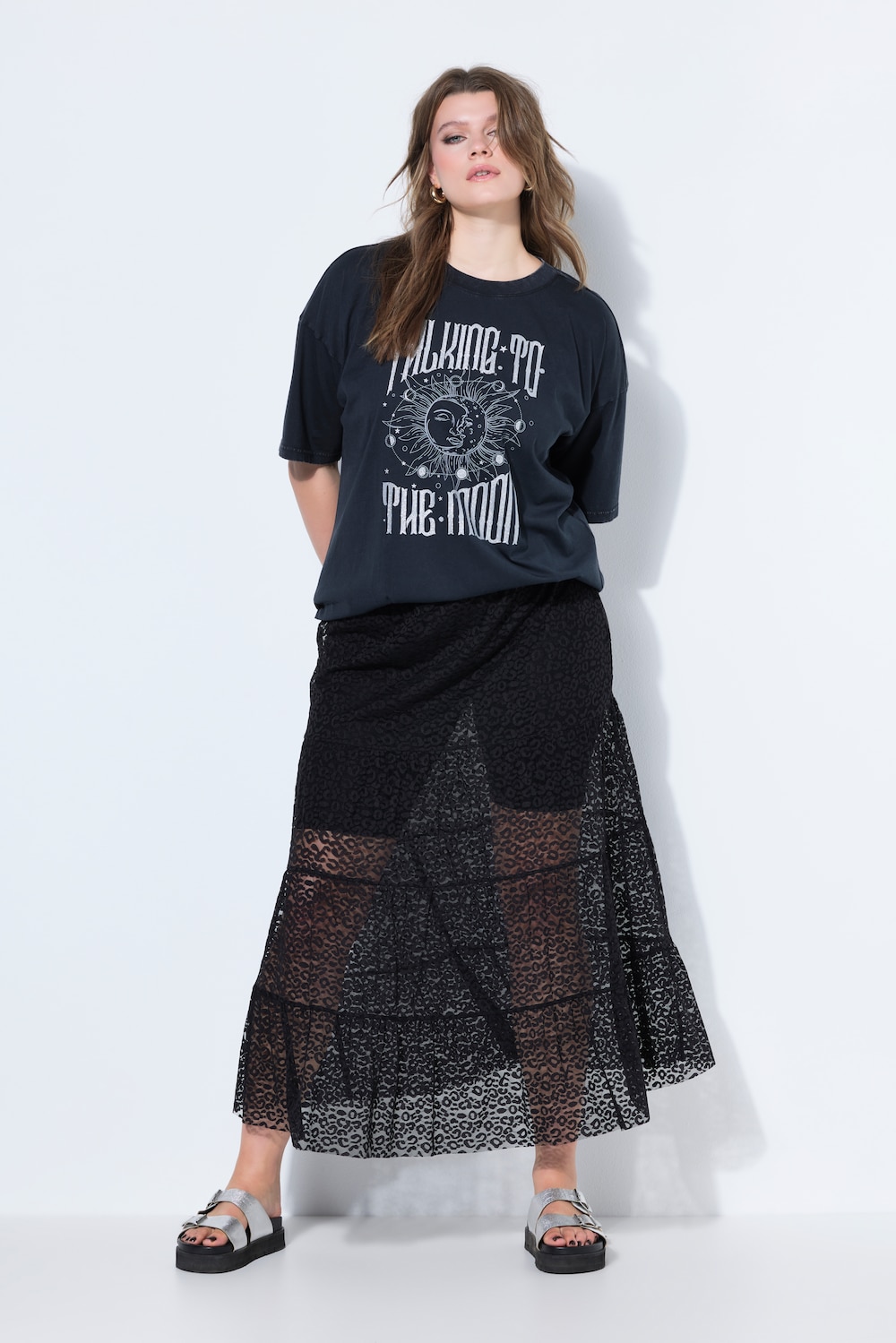 Spitzen-Maxirock, A-Linie, Elastikbund, Volants