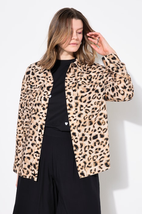 Chaqueta camisera, forma boxy, mezcla de lino, leopardo, bajo redondeado