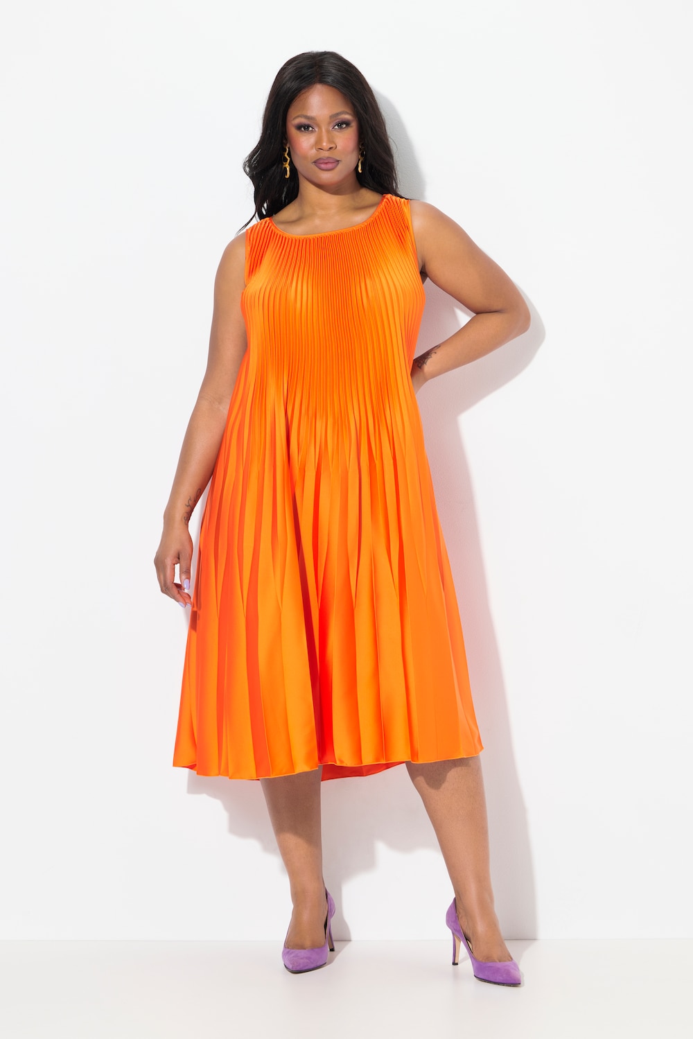 Große Größen Plissee-Midikleid, Damen, orange, Größe: 54/56, Polyester, Ulla Popken