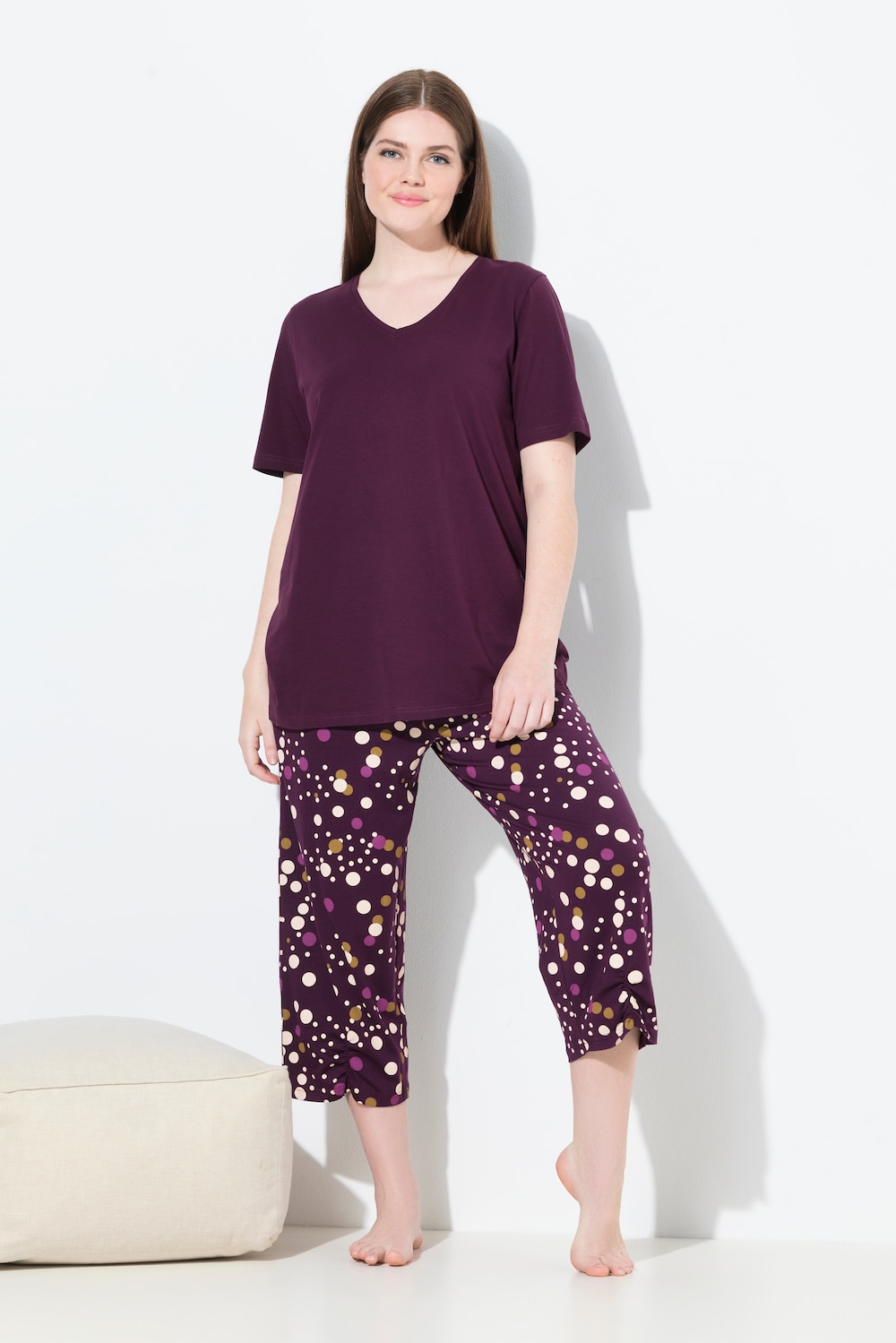 Pyjama, Punkte, V-Ausschnitt, Langarm, Taschen