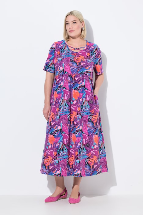 Colorful Tropical Print Empire Knit Pocket A-line Dress