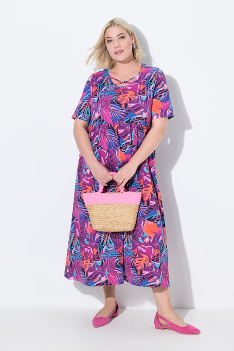 Colorful Tropical Print Empire Knit Pocket A-line Dress