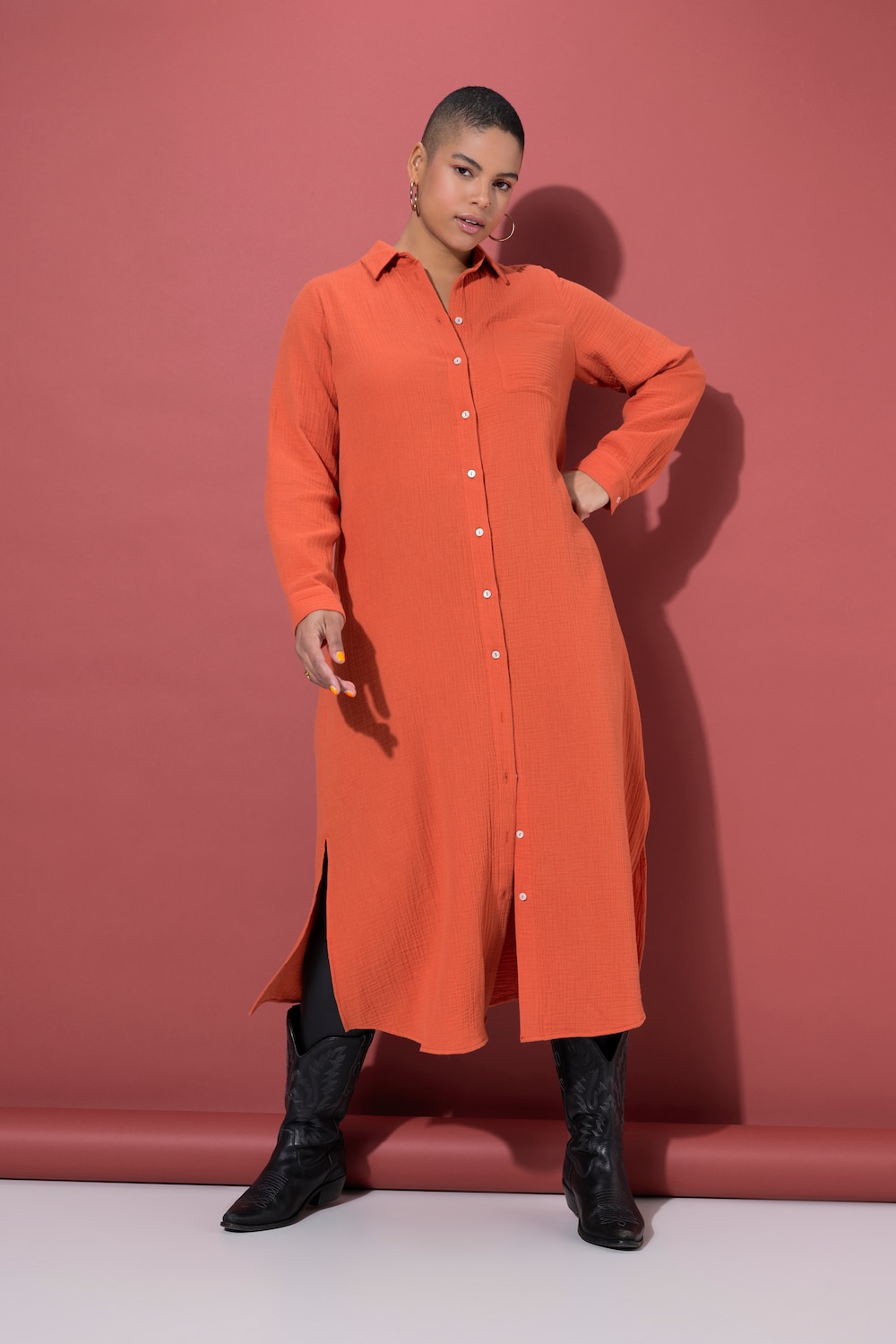 Mousseline-longblouse, overhemdkraag, lange mouw