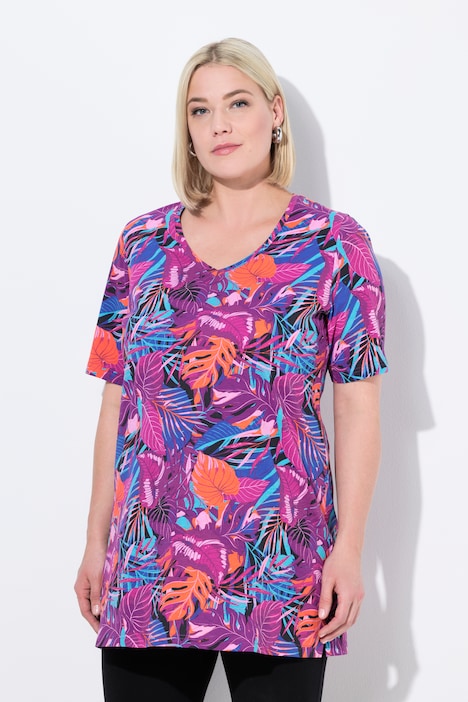 Colorful Tropical Print Knit  Short Sleeve Cotton Tunic