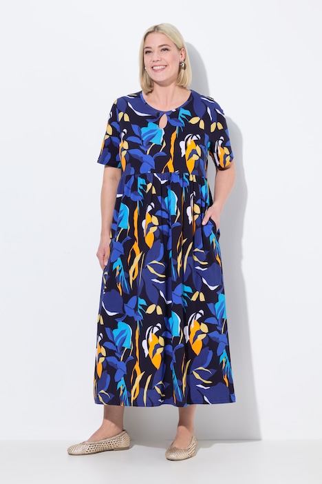 Tropical Print Empire Knit A-Line Pocket Dress