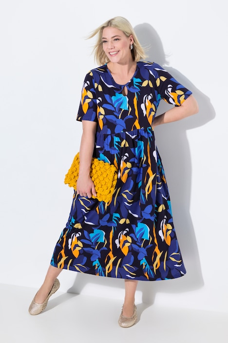 Tropical Print Empire Knit A-Line Pocket Dress