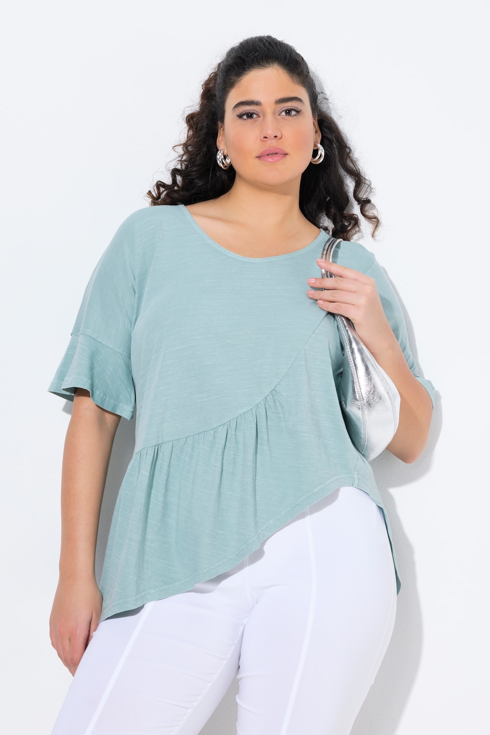 T-Shirt, Volantsaum, Oversized, V-Ausschnitt, Halbarm