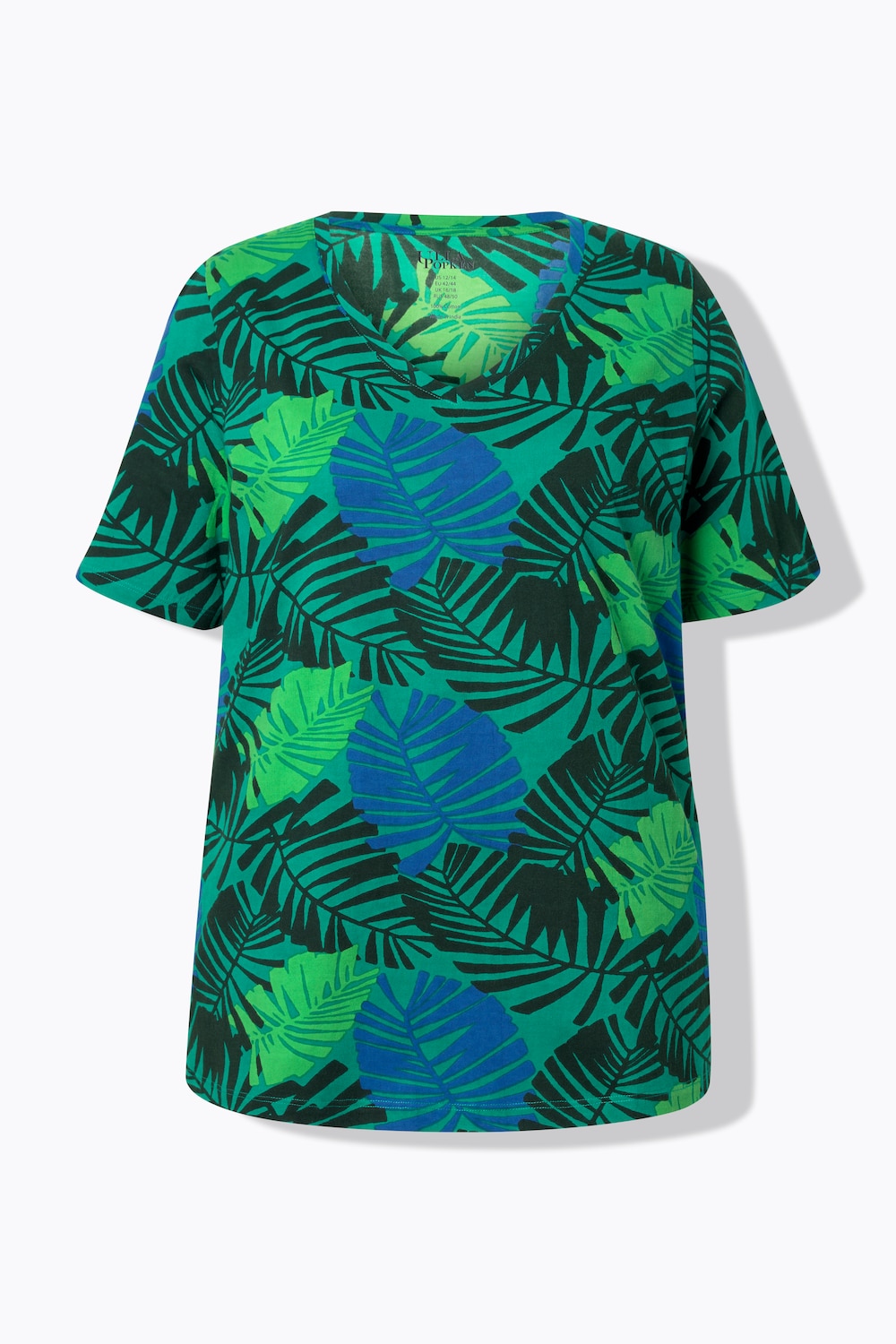 Stora storlekar T-shirt i A-linjemodell med bladprint, Dam, blå, storlek: 66/68, Bomull, Ulla Popken