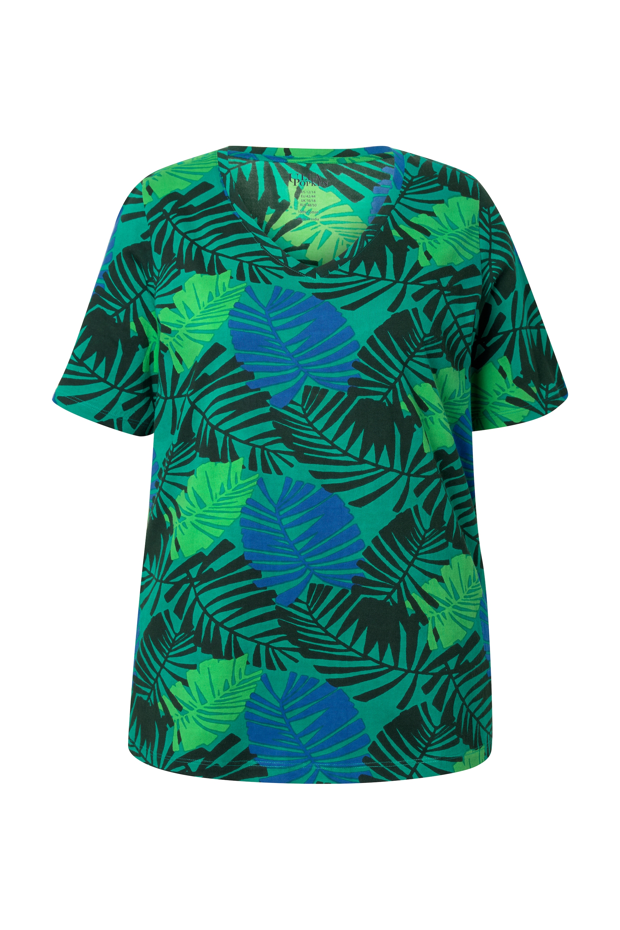 Ulla Popken Damen große Größen T Shirt Blätter A Linie V Ausschnitt