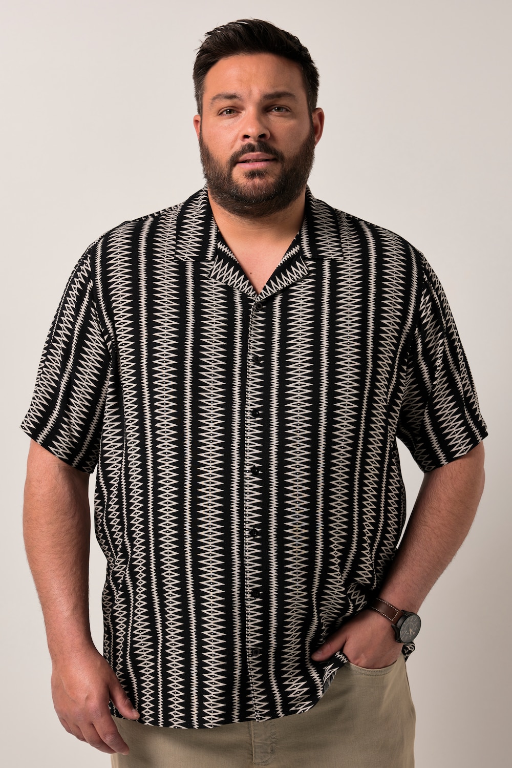 Men+ viscose overhemd, korte mouw, all-over print, Cubaanse kraag, Cubaanse fit, tot 8XL