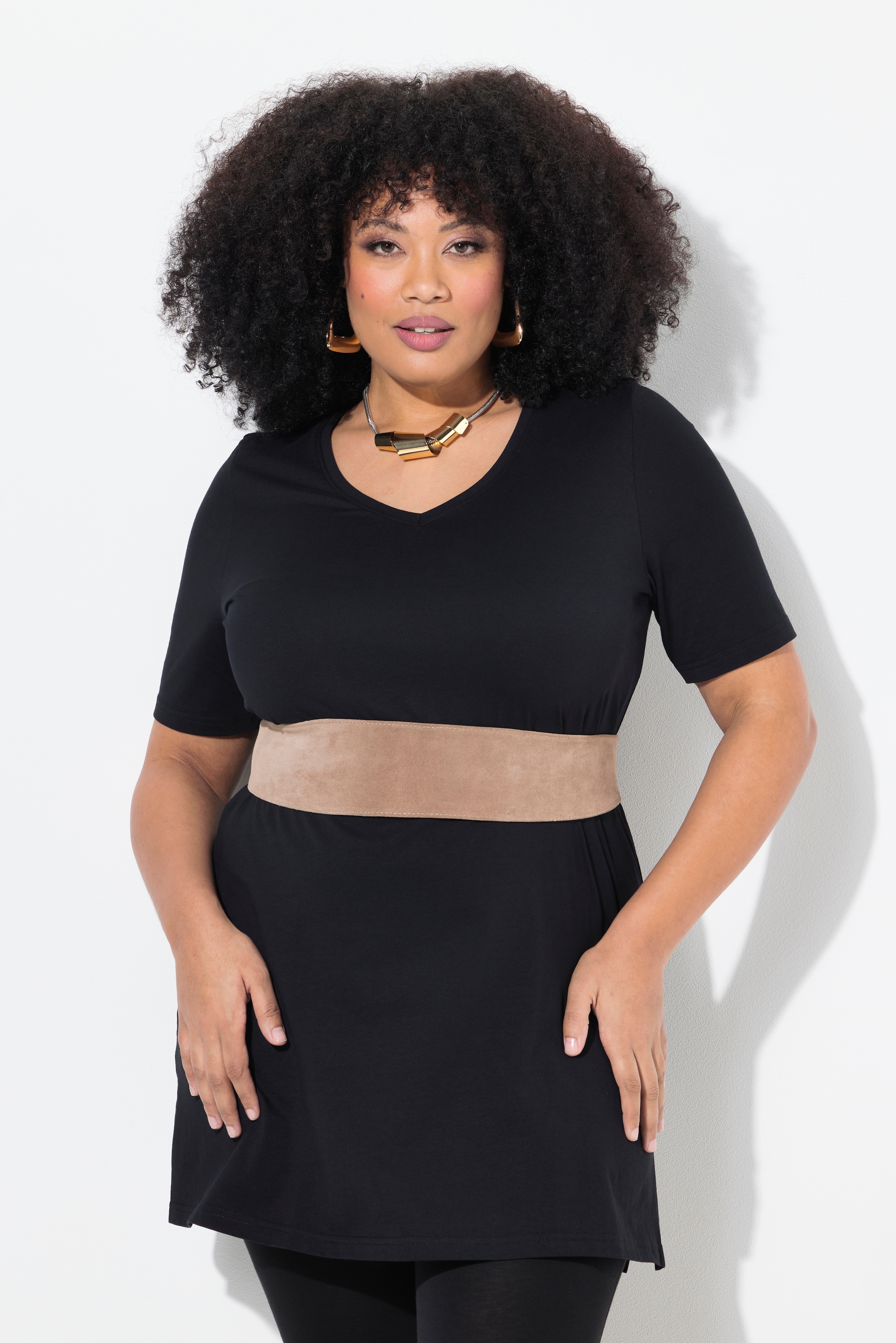 Ulla Popken Damen große Größen Longshirt A Linie V Ausschnitt Halbarm 839705