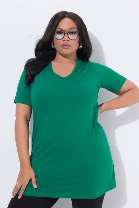 Longshirt, A-lijn, V-halslijn, halve mouwen