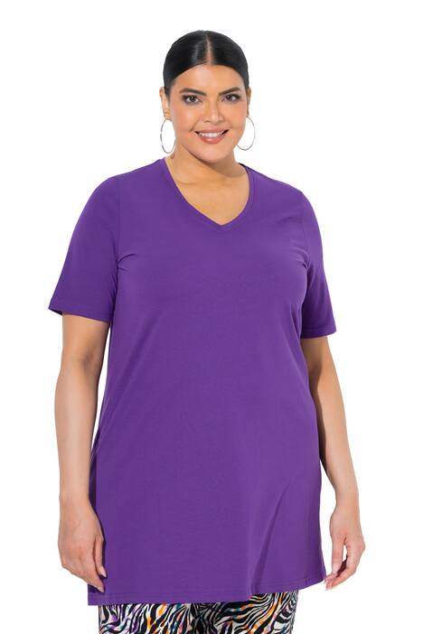 Dlouhé tričko, A střih, výstřih do V, krátké rukávy