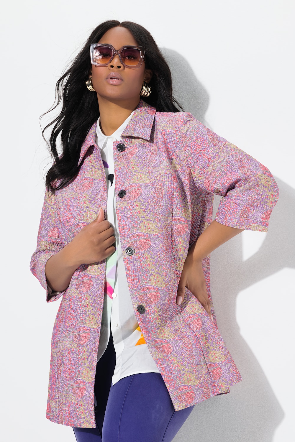 Jacke, Mosaik-Design, Hemdkragen, 3/4-Arm