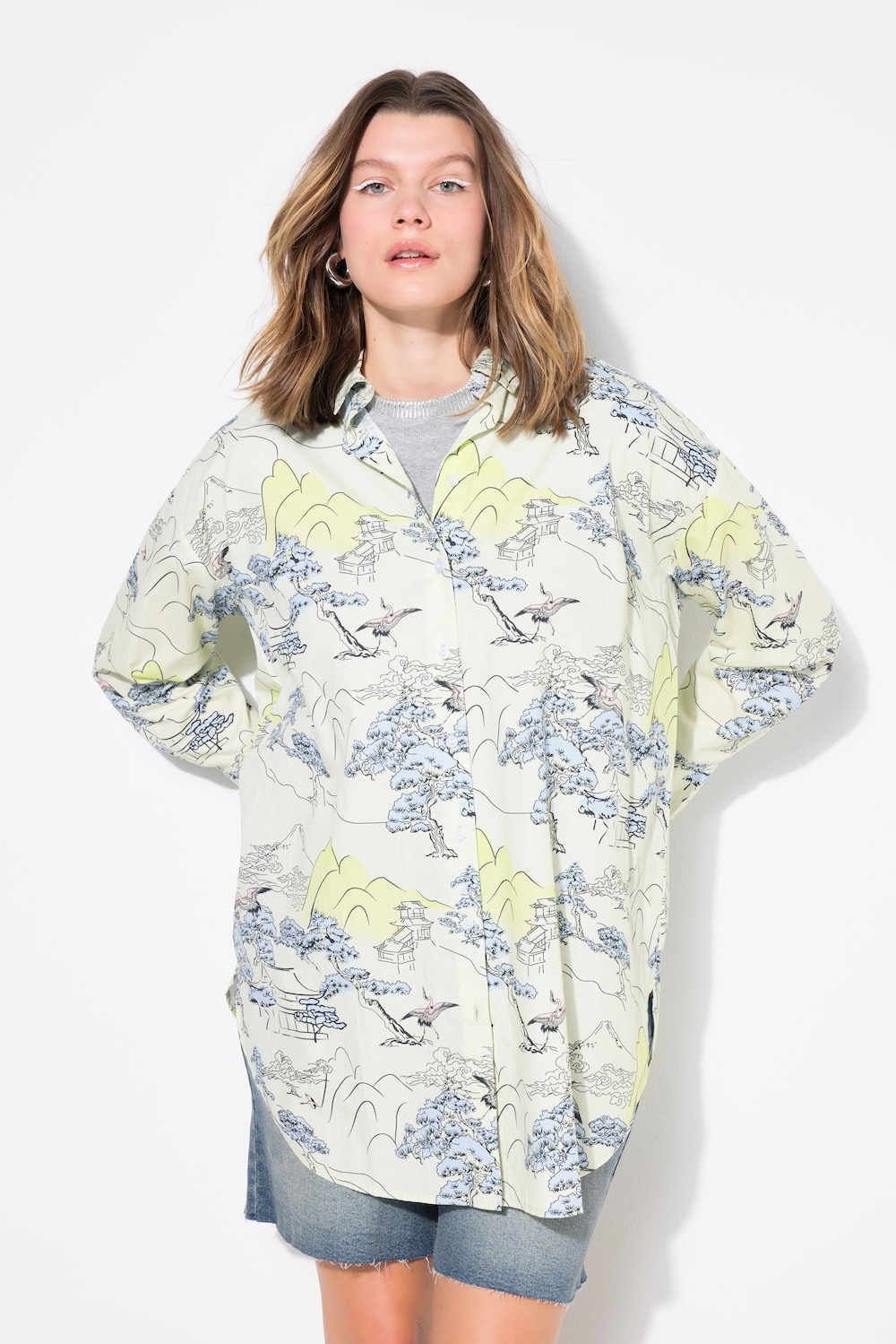 Oversize-Hemdbluse, Alloverprint, Langarm
