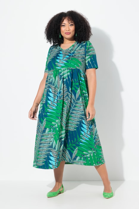 Leay Print Empire Knit A-Line Pocket Dress