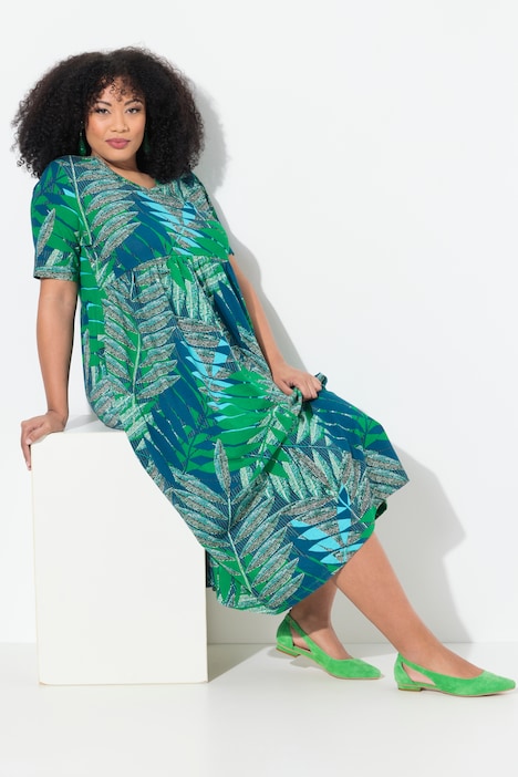 Leay Print Empire Knit A-Line Pocket Dress