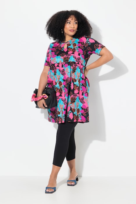 Mixed Print Empire Knit A-Line Pocket Tunic Dress