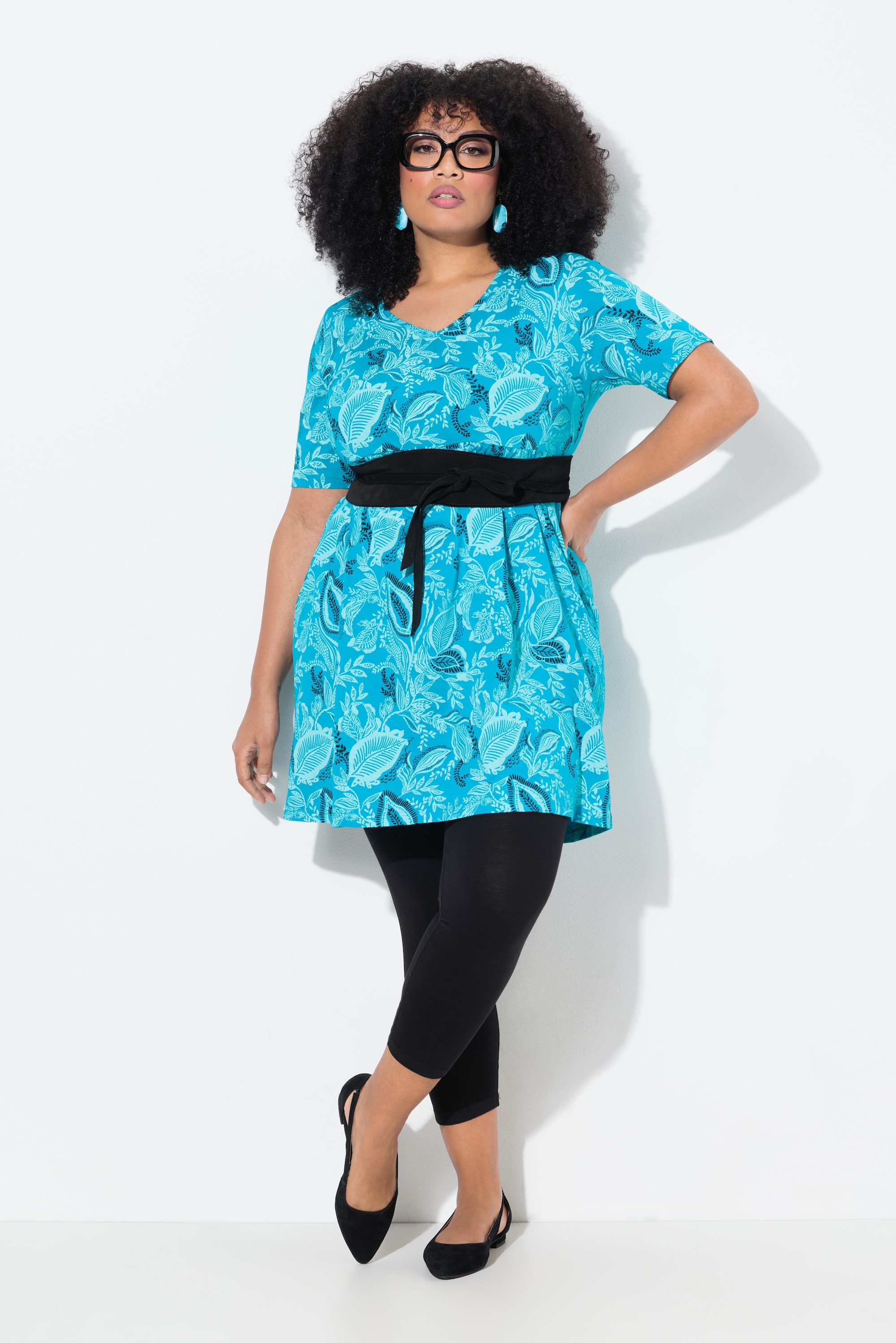 Ulla Popken Damen große Größen Longshirt A Linie V Ausschnitt Halbarm 839741