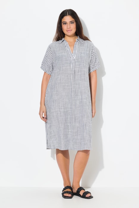 Coastal Striped Short Sleeve Collared Linen Blend Dress