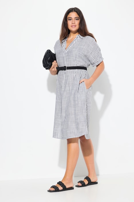 Coastal Striped Short Sleeve Collared Linen Blend Dress