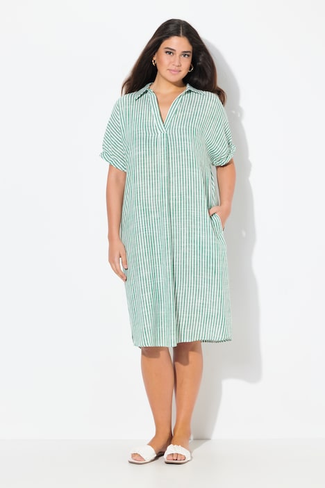 Coastal Striped Short Sleeve Collared Linen Blend Dress