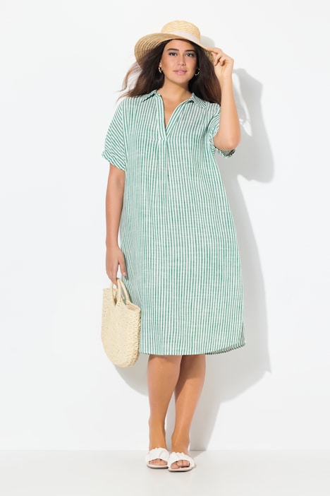 Coastal Striped Short Sleeve Collared Linen Blend Dress