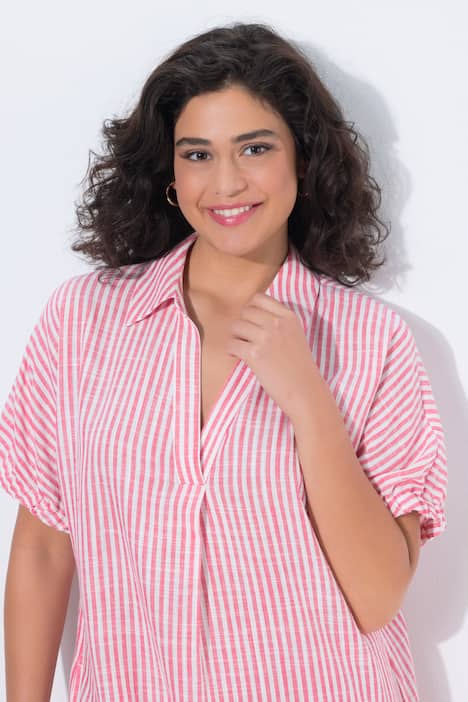 Leinenmix-Kleid, Streifen, Oversized, Hemdkragen, Halbarm