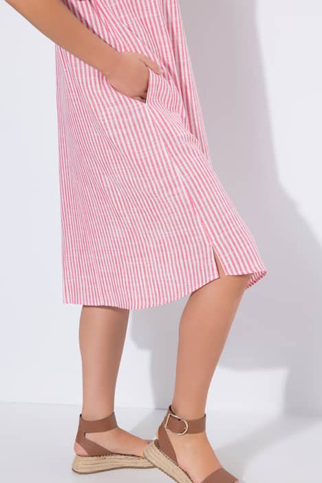 Leinenmix-Kleid, Streifen, Oversized, Hemdkragen, Halbarm