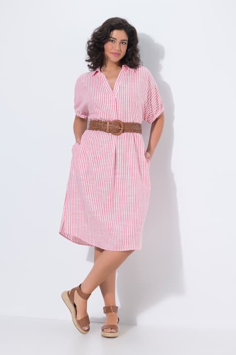 Leinenmix-Kleid, Streifen, Oversized, Hemdkragen, Halbarm