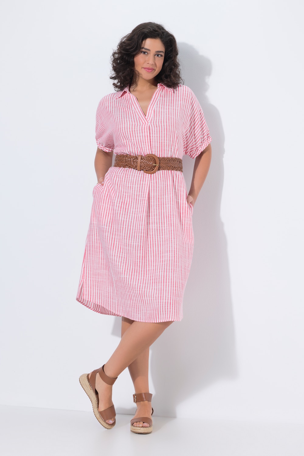 Leinenmix-Kleid, Streifen, Oversized, Hemdkragen, Halbarm