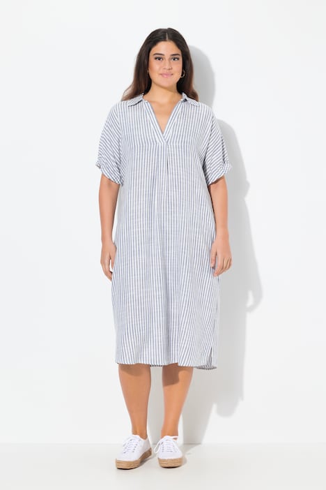 Leinenmix-Kleid, Streifen, Oversized, Hemdkragen, Halbarm