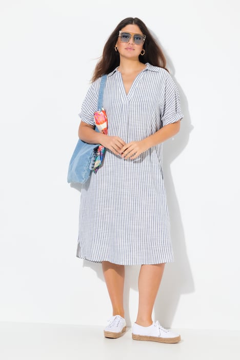 Coastal Striped Short Sleeve Collared Linen Blend Dress