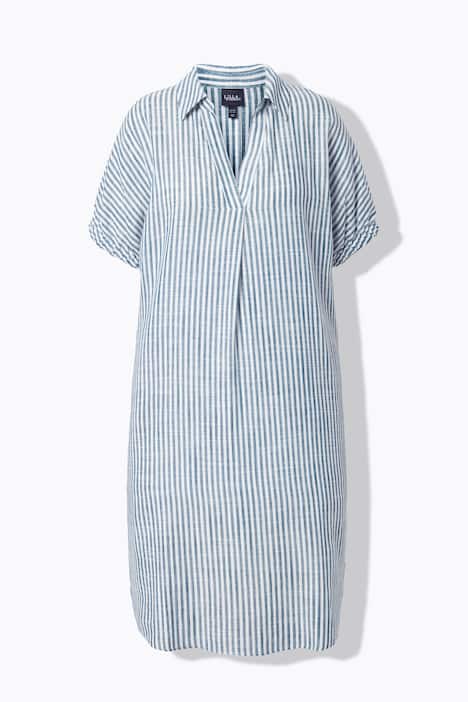 Leinenmix-Kleid, Streifen, Oversized, Hemdkragen, Halbarm