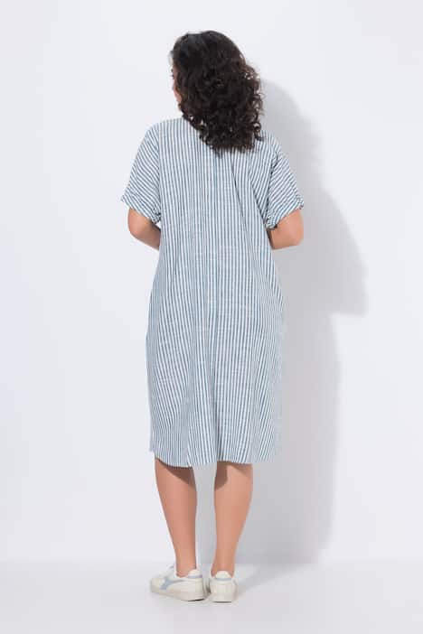 Leinenmix-Kleid, Streifen, Oversized, Hemdkragen, Halbarm