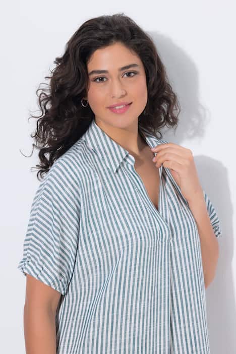 Leinenmix-Kleid, Streifen, Oversized, Hemdkragen, Halbarm