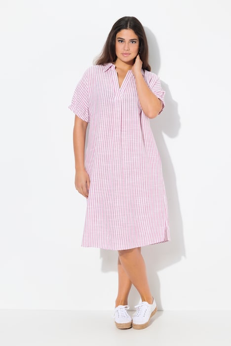 Coastal Striped Short Sleeve Collared Linen Blend Dress