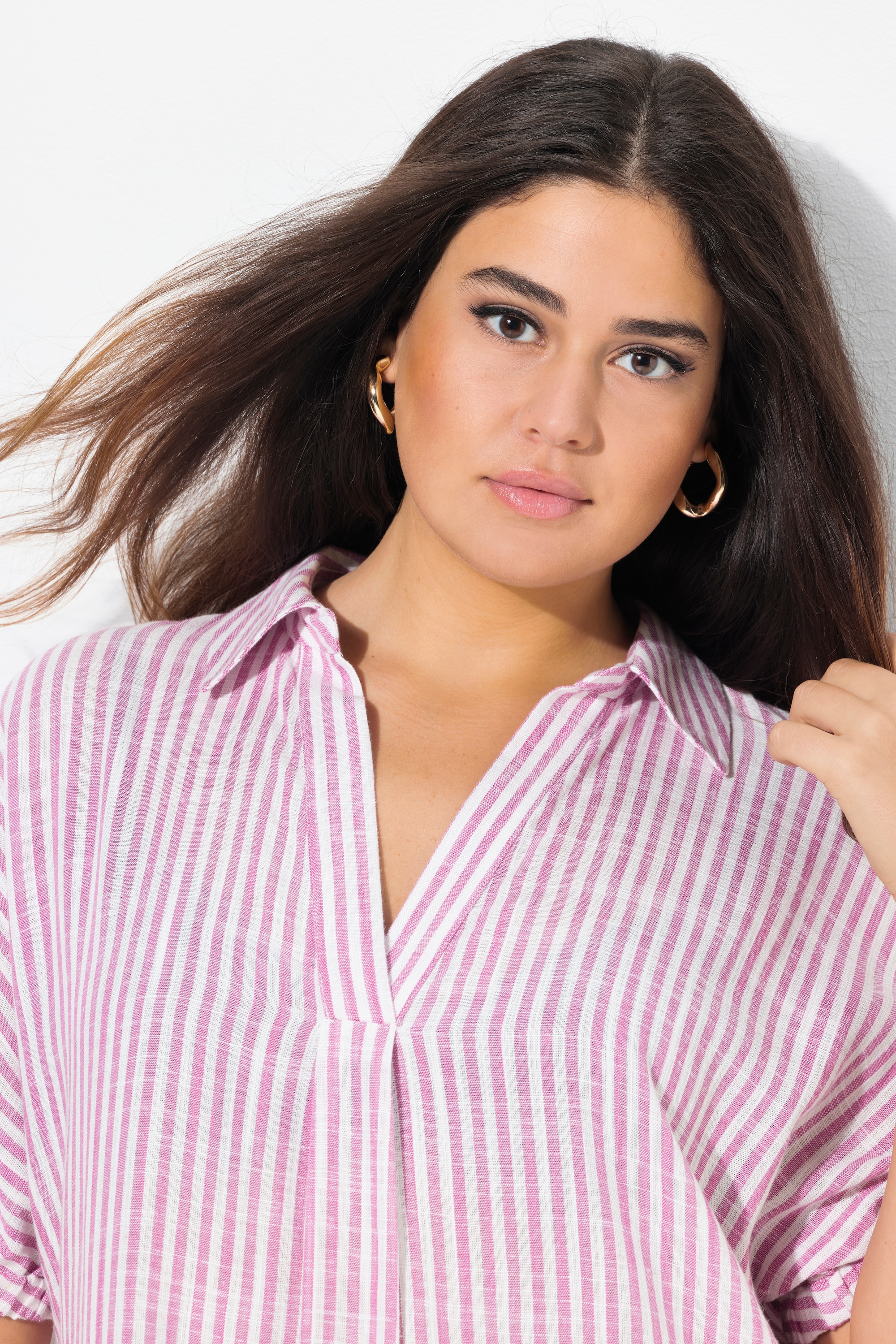 Ulla Popken Damen große Größen Leinenmix Kleid Streifen Oversized Hemdkragen