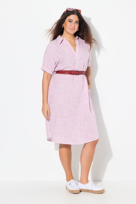 Coastal Striped Short Sleeve Collared Linen Blend Dress